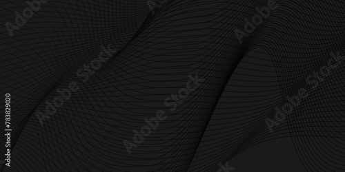 Modern geometric wavy line pattern in black colors, abstract art with dynamic floting wave line pattern, luxury black abstract background texture with curved lines.