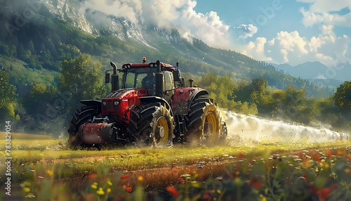 dynamic scene of an irrigation tractor in action, driving through lush fields and spraying water or fertilizer photo
