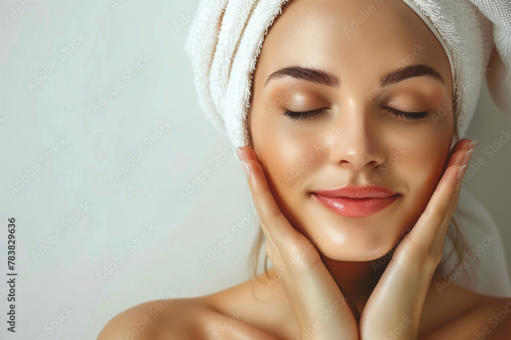 Serene Woman with Towel on Head After Spa, Concept of Skincare and Relaxation Serene Woman with Towel on Head After Spa, Concept of Skincare and Relaxation