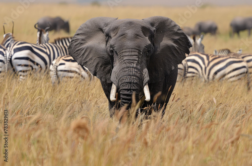 An elephant is surrounded by zebras and antelope in the Serengeti National Park  emerges from its majestic barbaric against an expansive savannah backdrop