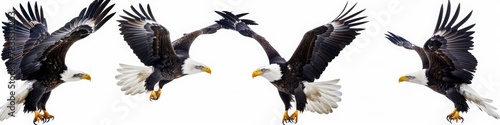 Set of four images of a bald eagle in different poses  flying and standing on a white background