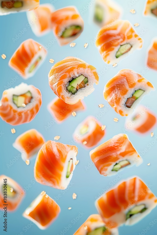 Suspended Delicacy: Sushi Pieces Mid-Air Against Azure Backdrop Suspended Delicacy: Sushi Pieces Mid-Air Against Azure Backdrop