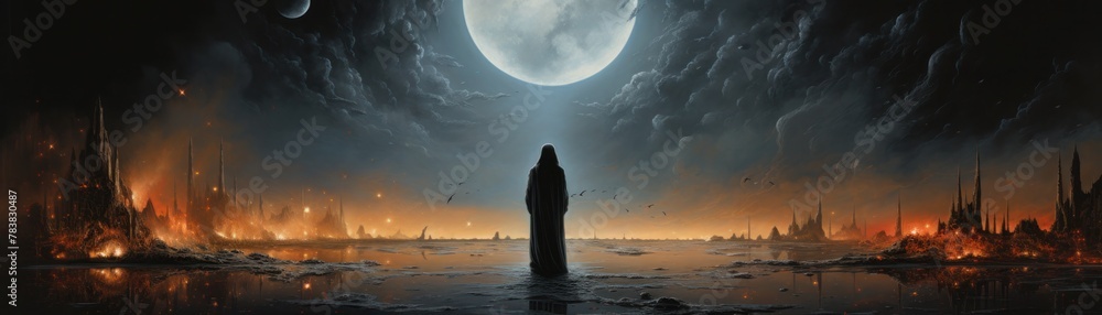 A dark figure standing in a ruined city. The figure is wearing a long cloak and a hood. The city is in ruins and there is a large moon in the sky. - obrazy, fototapety, plakaty 