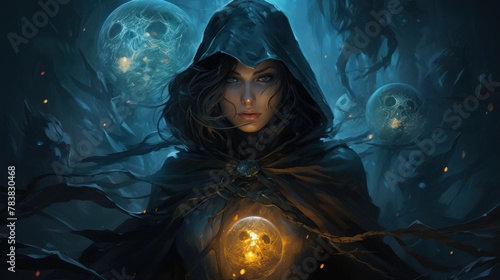 A dark fantasy sorceress with glowing blue eyes and a glowing orb in her hand.