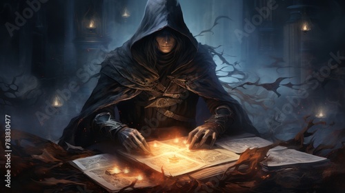 A dark figure in a black robe is studying a book of dark magic. photo