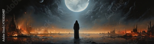 A dark figure standing in a ruined city. The figure is wearing a long cloak and a hood. The city is in ruins and there is a large moon in the sky.
