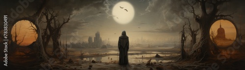 A dark figure standing in a ruined city. The sky is dark and there is a full moon. The figure is wearing a cloak and is looking at the ruined city. photo