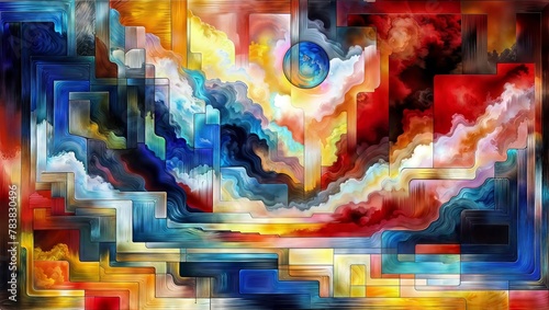 Colorful Abstract Sky: Clouds, Blue Moon, and Maze-like Structure