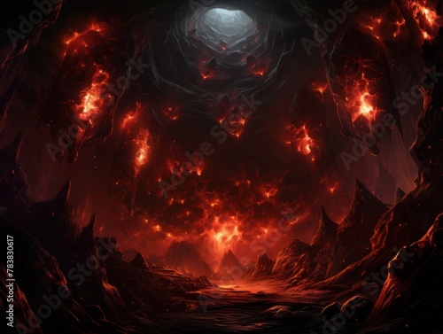 A dark and ominous cavern with a large lava flow in the center. The lava is glowing and there are flames coming out of it. The walls of the cavern are covered in sharp rocks and there is a large hole