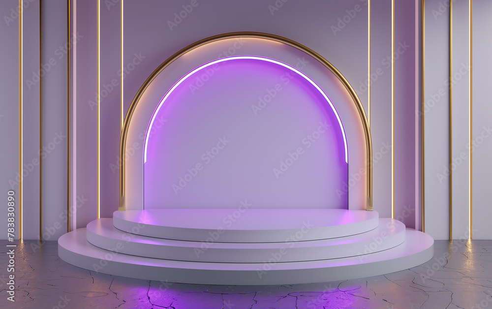 3D rendering sci-fi technology minimalist blue and gold stage podium with purple light. 3D rendering sci-fi technology minimalist blue and gold stage podium with purple light.