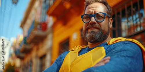 A positive, bearded man wears glasses and a superhero costume, standing confidently in the city.