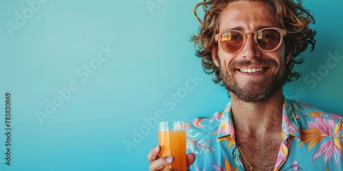 A delighted young man with curly hair and a bearded trendy style wears a floral shirt, holding a glass of juice.