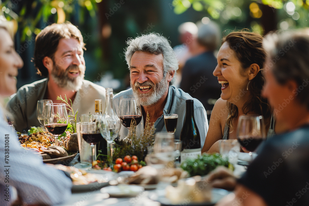 A group of people are sitting around a table with wine glasses and food A group of people are sitting around a table with wine glasses and food