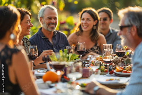 A group of people are sitting around a table with wine glasses and food