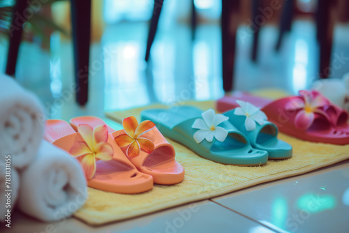 Colorful Spa Flip-Flops and Towels, Relaxation and Wellness Concept