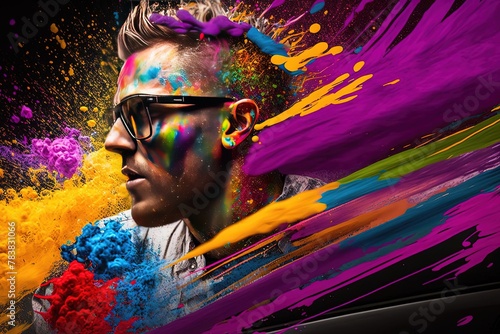 Portait of a Man with Glasses Surrounded by Colorful Painting Liquids photo