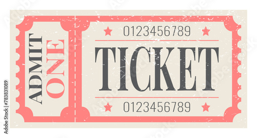 Retro ticket with scuffed texture. Classic vintage style. Classic vintage ticket for cinema, circus, theatre, movies parties and other events. Vector illustration.