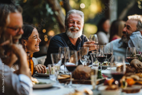 A group of people are sitting around a table with wine glasses