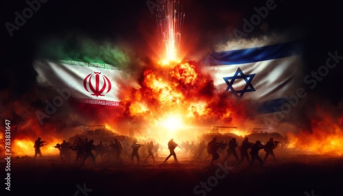 Military standoff with Israeli and Iranian flags amidst fiery skies photo