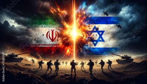 Military standoff with Israeli and Iranian flags amidst fiery skies photo