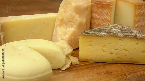 Panorama of pieces French of cheese close up. High quality 4k footage photo