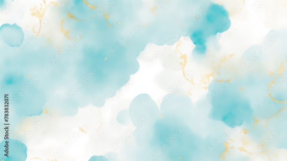Hazy watercolor splashes of pastel Blue Teal Gold and white Background