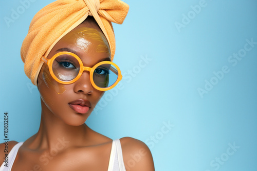 Fashionable Woman with with Cream on Face Yellow Head Wrap and Glasses, Stylish Portrait photo