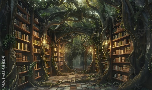 Experience a mystical library where nature merges with knowledge, featuring vibrant vine bookcases adorned with ancient symbols, whispering secrets of centuries past photo