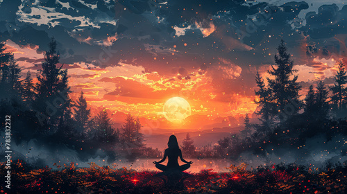 A serene illustration of a yogi practicing yoga poses in a peaceful outdoor setting