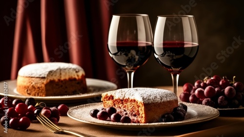  Elegant dessert setting with wine and cake