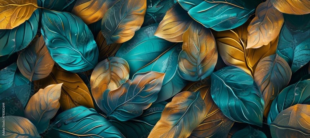 3D abstract art background with golden and teal leaves on dark blue, wallpaper design for wall decoration in the style of interior mural poster print modern painting illustration. 3D abstract art background with golden and teal leaves on dark blue, wallpaper design for wall decoration in the style of interior mural poster print modern painting illustration.