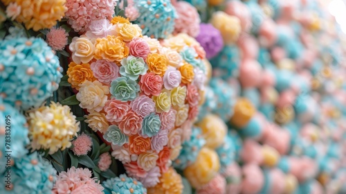   A tight shot of flower-shaped cupcakes, each adorned with frosting and colorful sprinkles © Shanti