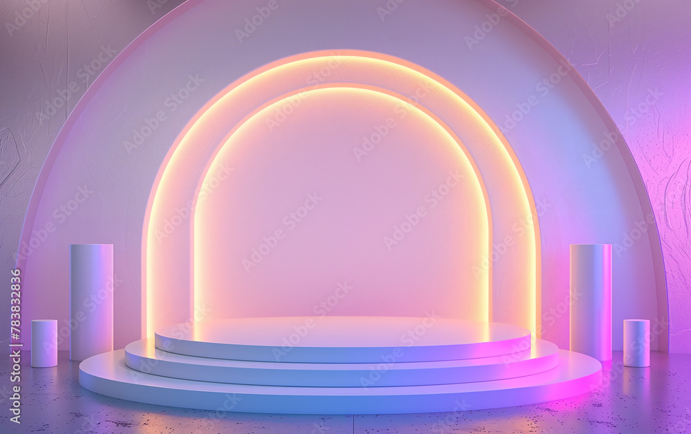 3D rendering sci-fi technology minimalist blue and gold stage podium with purple light. 3D rendering sci-fi technology minimalist blue and gold stage podium with purple light.
