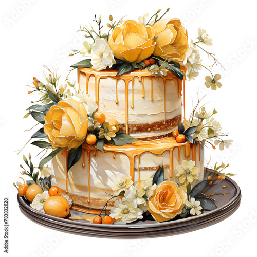 Two-tiered cake with caramel drips, yellow florals, and citrus fruits
