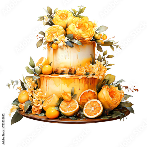 Three-tiered cake with lemon yellow icing, citrus fruit, and floral garnish