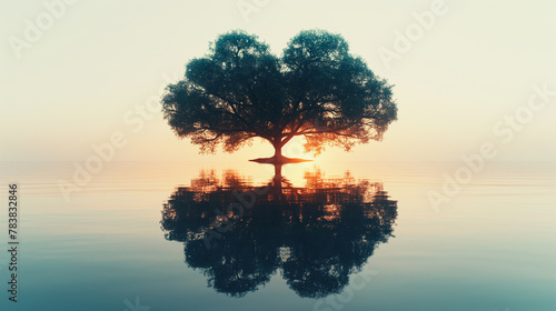 A tree is floating on the water with its reflection in the water