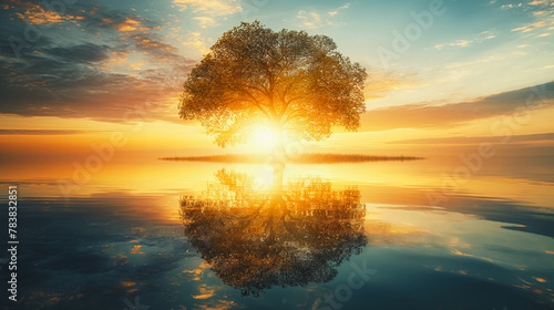 A tree is reflected in the water, with the sun shining on it