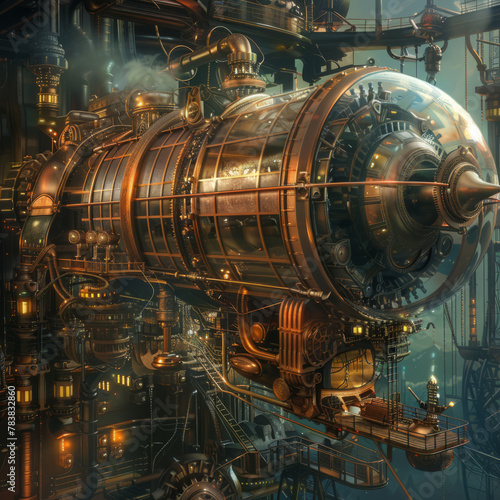 An artistic image featuring retro-futuristic gadgets, gears, and machinery inspired by the steampunk genre, blending Victorian-era aesthetics with steam-powered technology. 