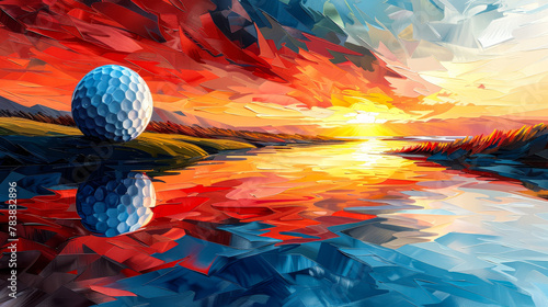 Cubism-inspired golf tournament, fragmented forms, geometric shapes, abstract landscapes