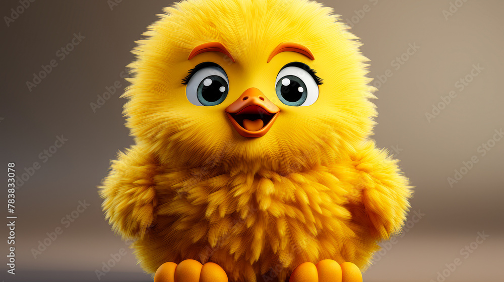 Friendly 3D render of a yellow duck plushie toy with a cute beak, fluffy feathers, and a cheerful pose