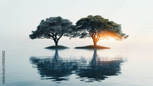 Two trees are reflected in the water