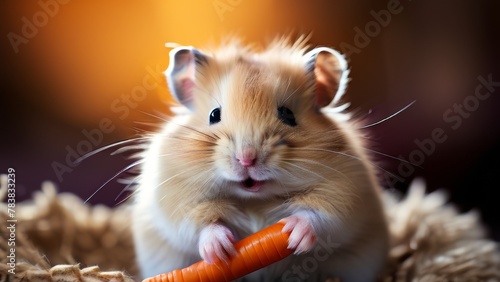 A satisfied hamster is gnawing on a carrot stick.