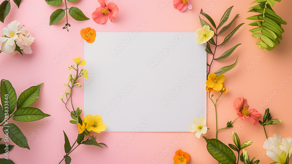 Flowers and leaves frame, pink background and white card, space in the middle