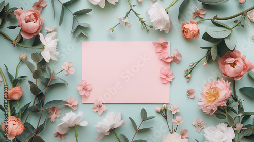 Peonies frame, blue background and pink card space in the middle