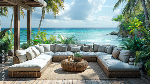 Tropical-themed 3D render of a rattan straw sectional sofa set on a wooden deck  overlooking palm trees and a serene beach landscape