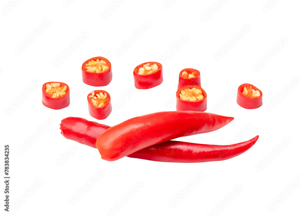 Top view set of red chili pepper or cayenne pepper with slices in stack isolated on white background with clipping path Top view set of red chili pepper or cayenne pepper with slices in stack isolated on white background with clipping path