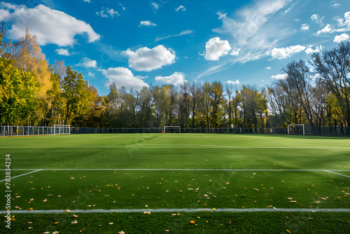 Wide angle view of a soccer field with vibrant green turf and blue sky.