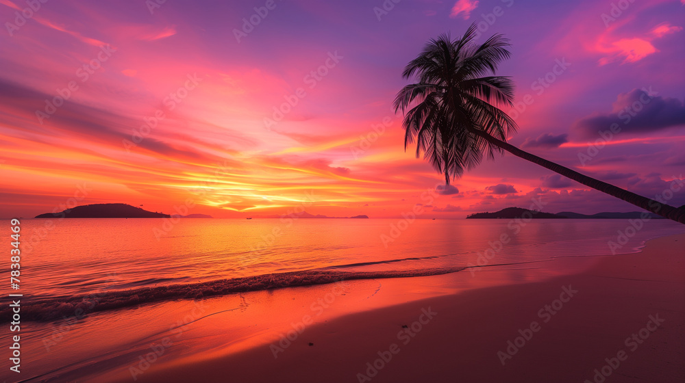 a stunning beach with a palm tree on a tropical island during sunset, the sky painted with shades of orange, pink, and purple. The palm tree is silhouetted against the vibrant sky, Generative AI