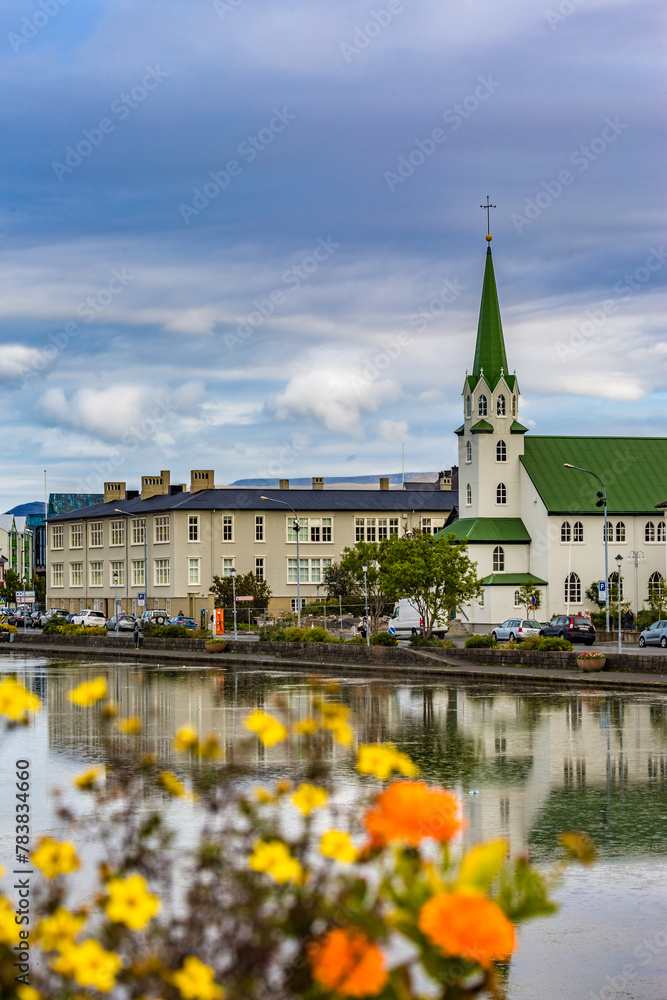 City details, exploring the capital of Iceland, Reykjavik on foot in beautiful summer day