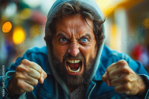 A man with a beard and blue jacket is angry and throwing his hands up in the air photo